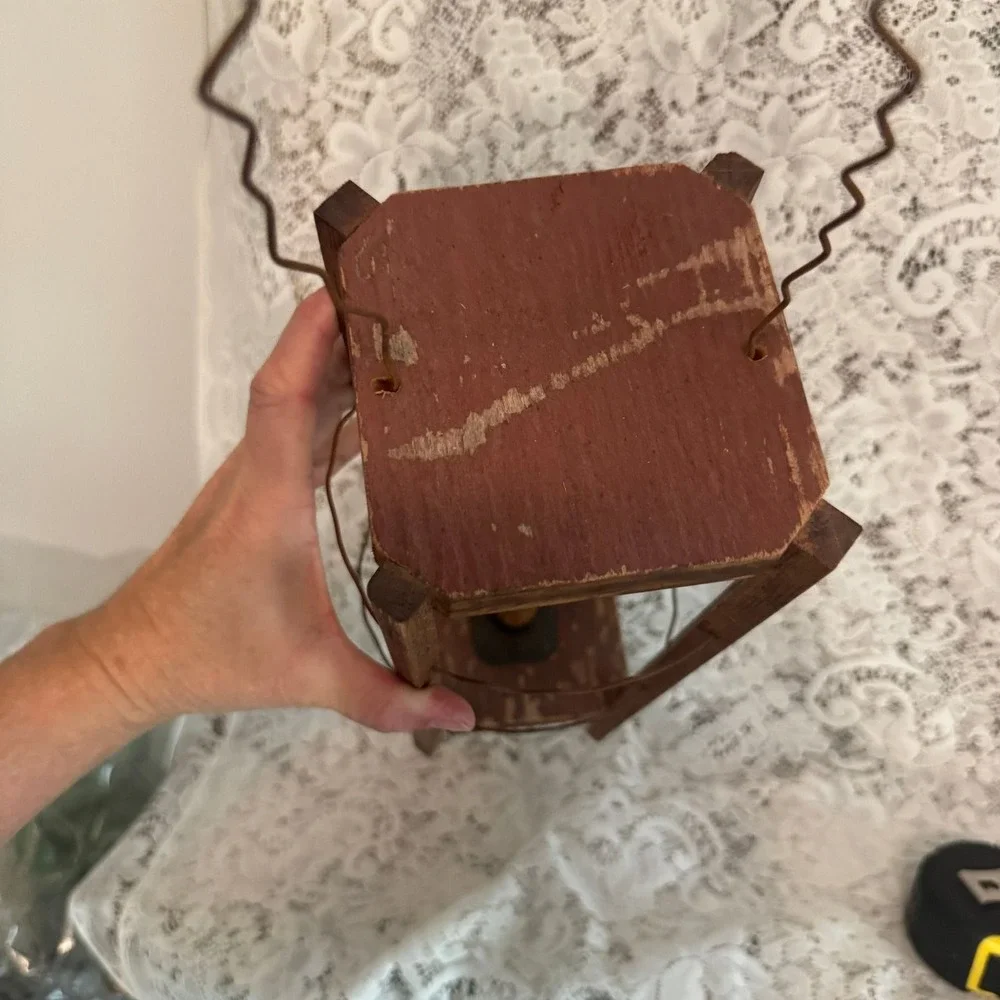 Primitive Wood and Wire Lantern with Faux Taper Candle Rustic Folk Art Farmhouse